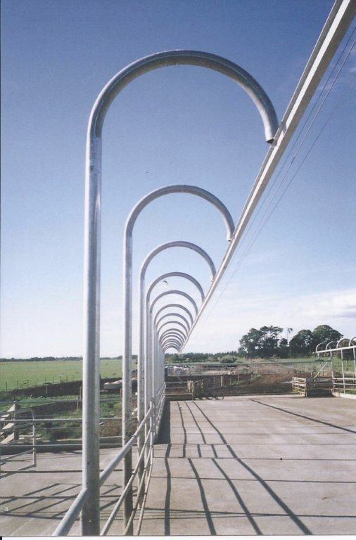 Pipe rails and yardwork on a dairy farm against a blue sky